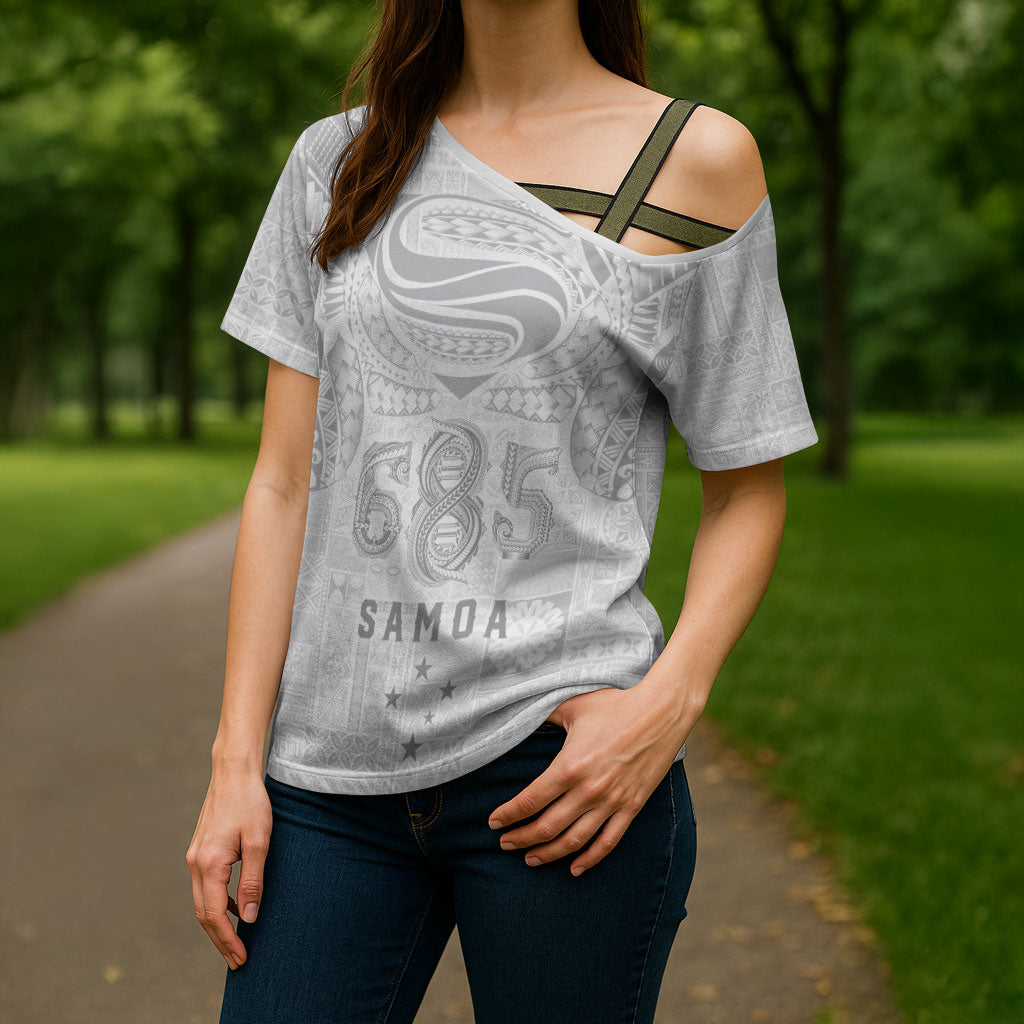 Super Samoa 685 Tribal Tattoo Cross Shoulder Shirt Siapo Pattern All-White Edition LT03 - Polynesian Pride