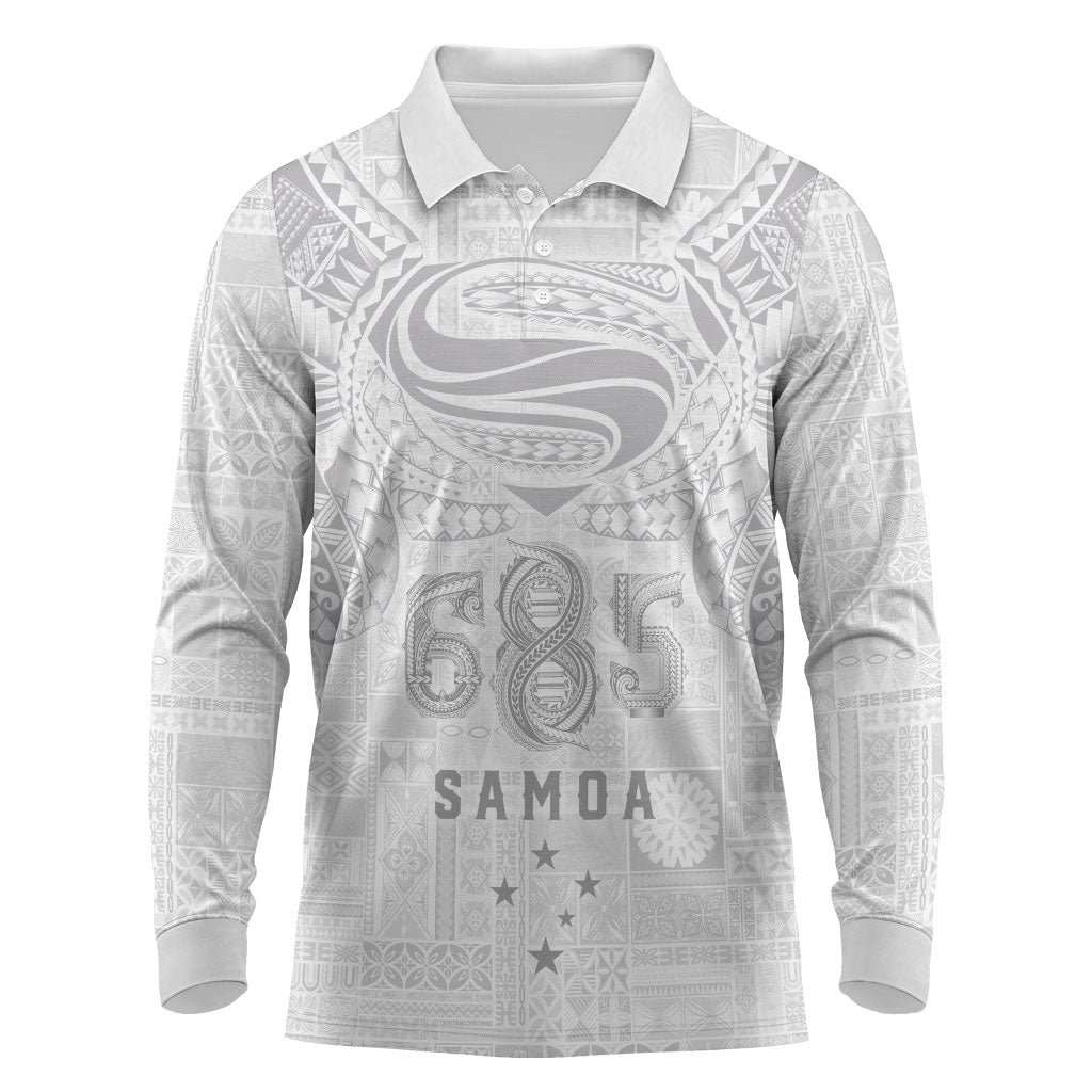Super Samoa 685 Tribal Tattoo Long Sleeve Polo Shirt Siapo Pattern All-White Edition LT03 White - Polynesian Pride