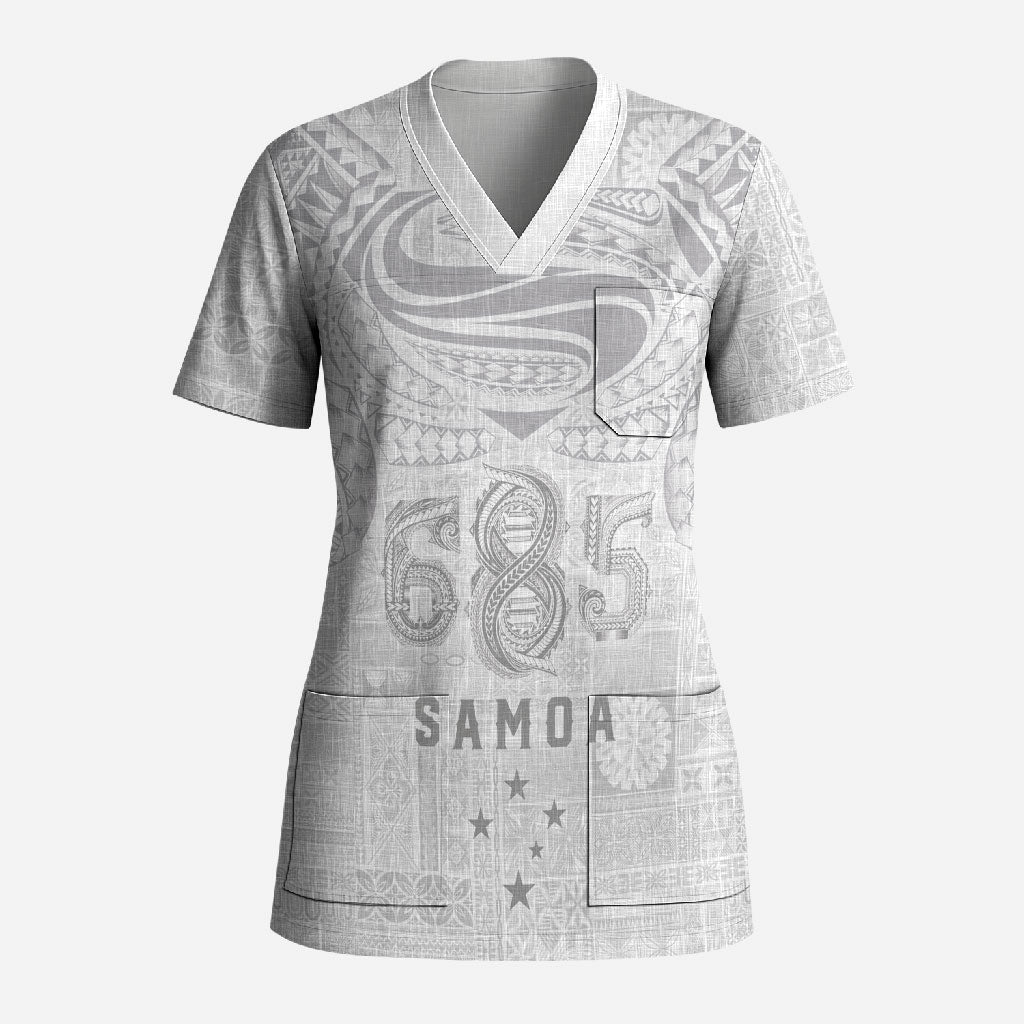 Super Samoa 685 Tribal Tattoo Scrub Top Siapo Pattern All-White Edition
