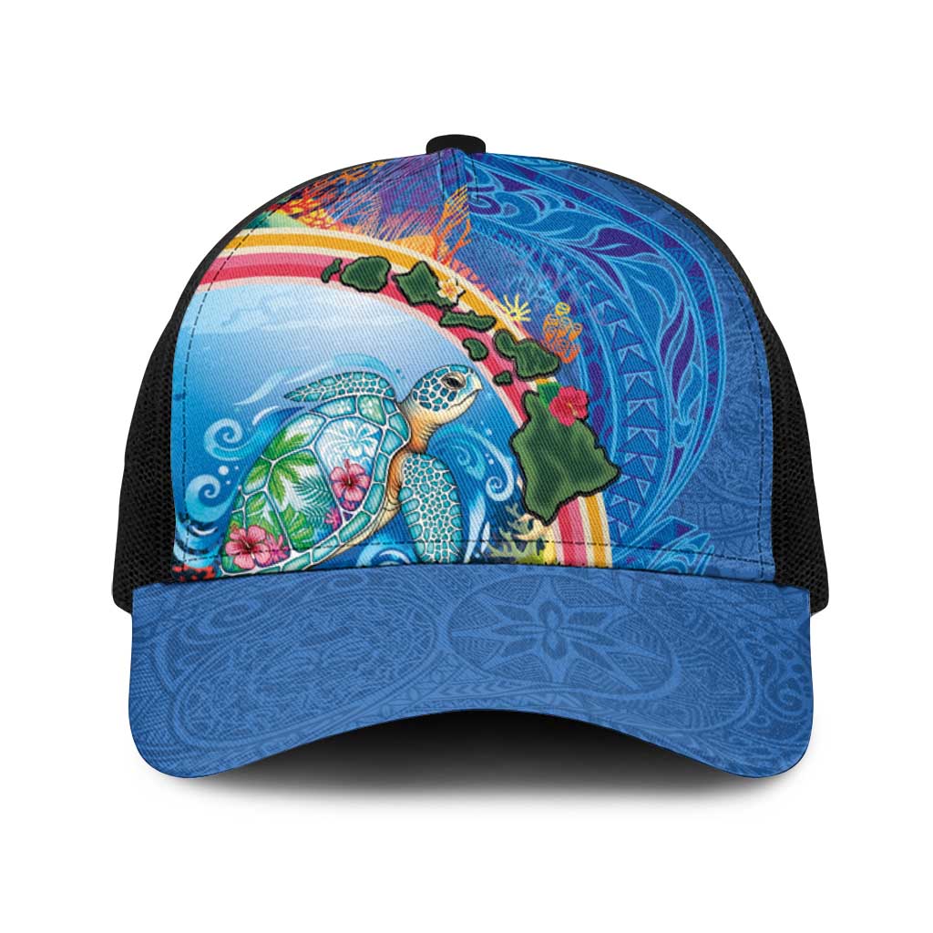 Hawaiian Connecting with the Ocean Baseball Net Cap Polynesian Pattern LT03 One Size Black Blue - Polynesian Pride