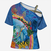 Hawaiian Connecting with the Ocean Cross Shoulder Shirt Polynesian Pattern LT03 Female Blue - Polynesian Pride