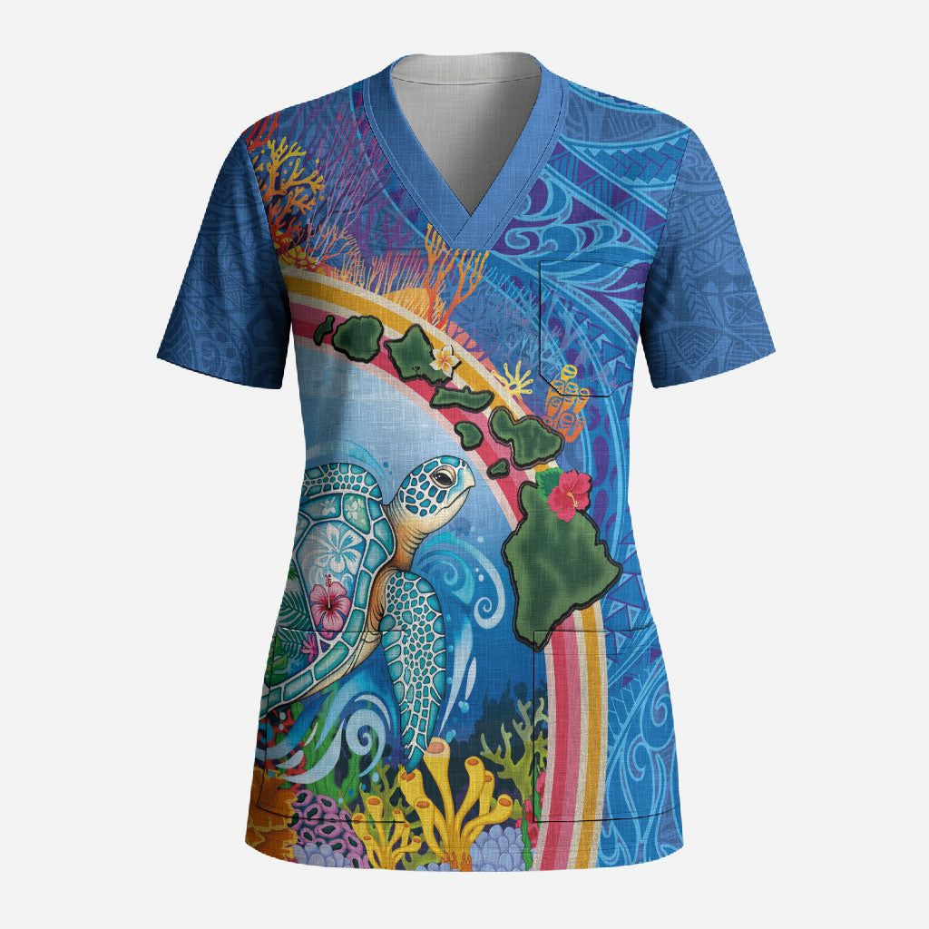 Hawaiian Connecting with the Ocean Scrub Top Polynesian Pattern