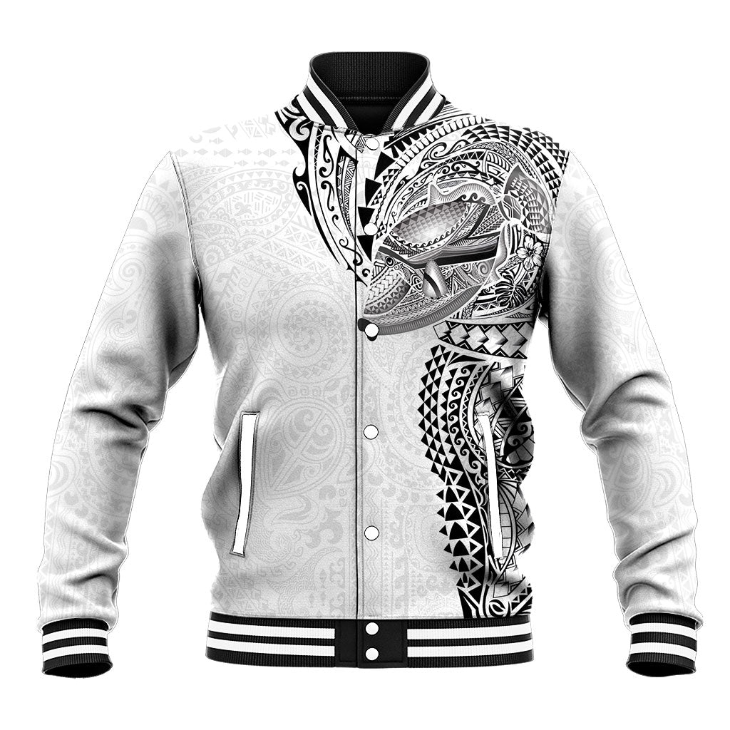 Hawaiian Humuhumu Tribal Tattoo Baseball Jacket Polynesian Kakau White Color LT03 Unisex White - Polynesian Pride