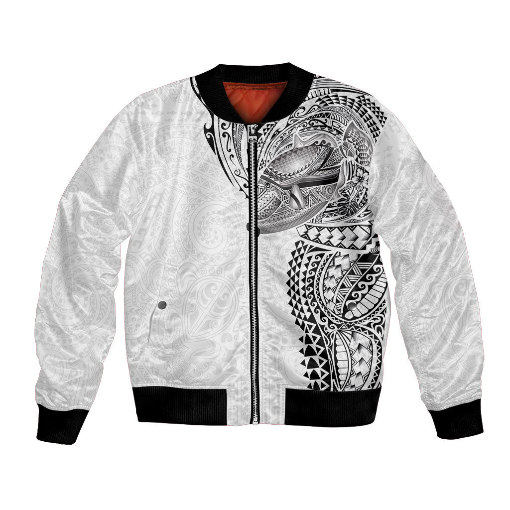 Hawaiian Humuhumu Tribal Tattoo Bomber Jacket Polynesian Kakau White Color LT03 Unisex White - Polynesian Pride