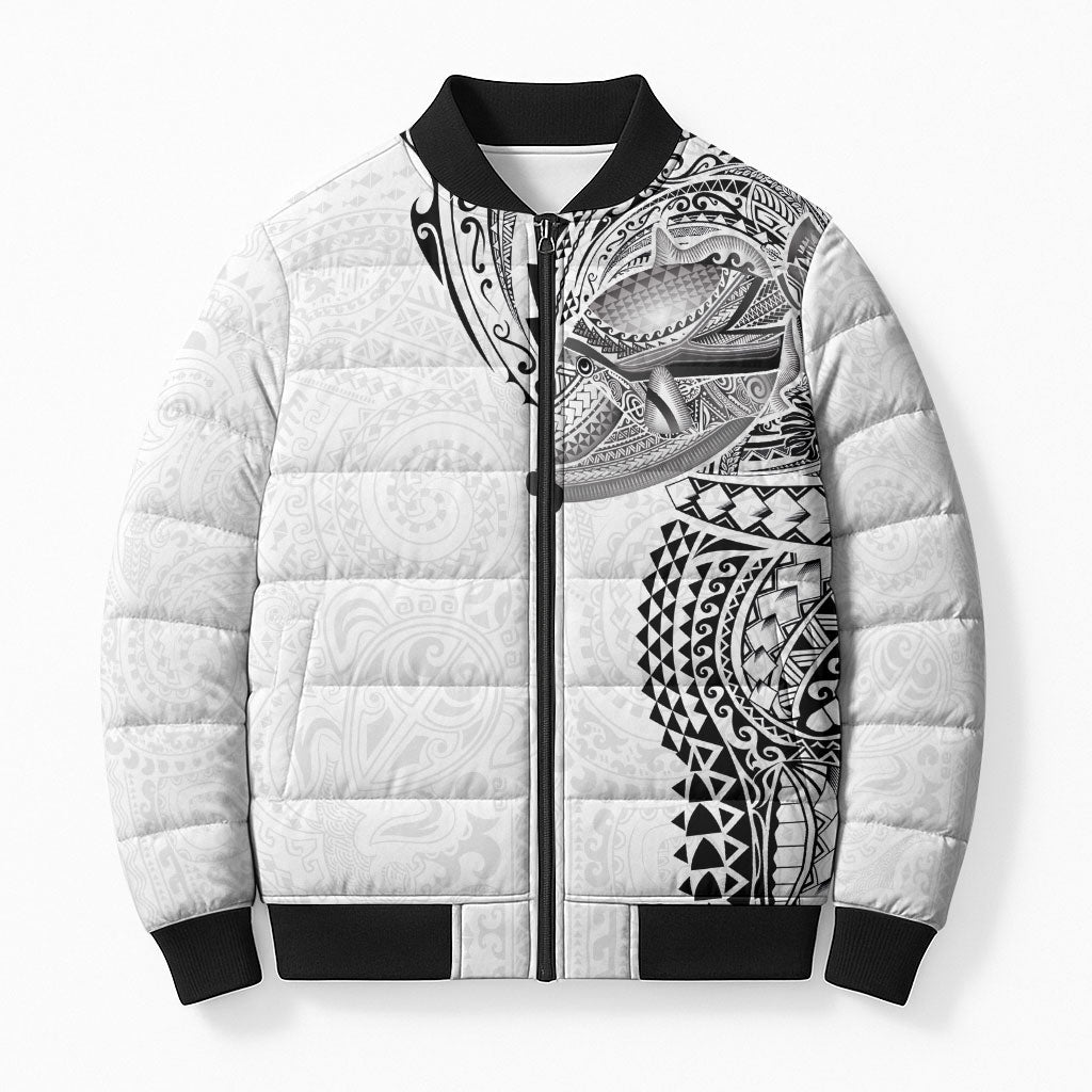 Hawaiian Humuhumu Tribal Tattoo Bomber Puffer Jacket Polynesian Kakau White Color LT03 Unisex White - Polynesian Pride