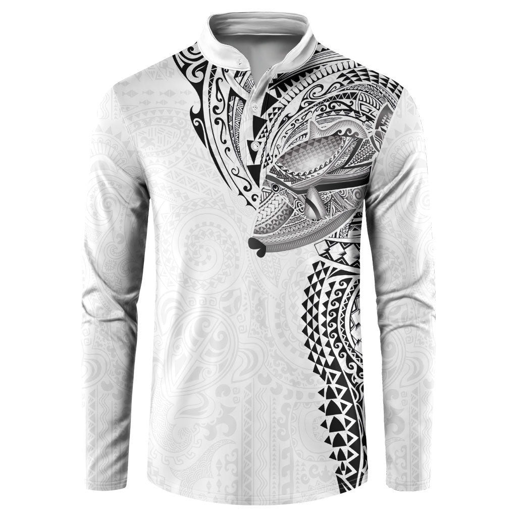 Hawaiian Humuhumu Tribal Tattoo Button Sweatshirt Polynesian Kakau White Color