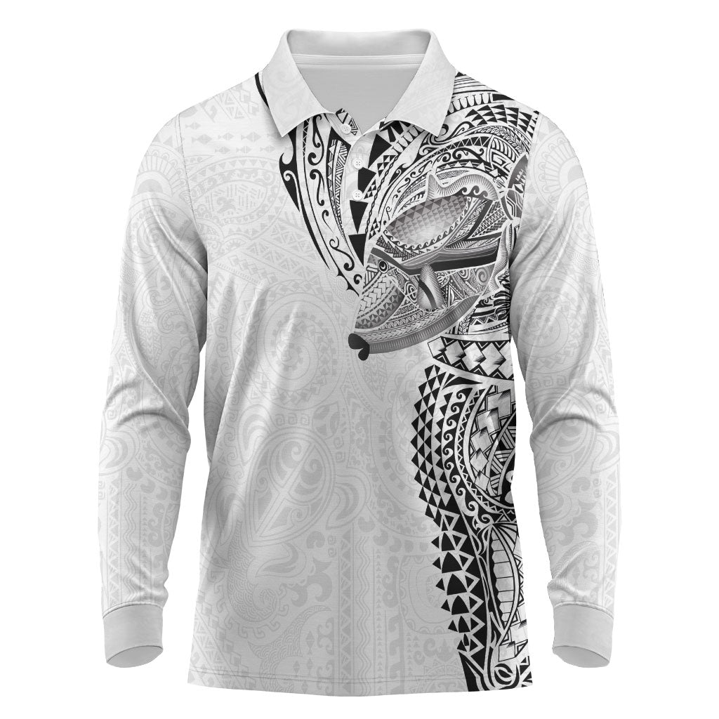 Hawaiian Humuhumu Tribal Tattoo Long Sleeve Polo Shirt Polynesian Kakau White Color LT03 White - Polynesian Pride