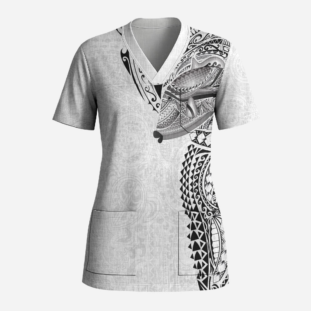 Hawaiian Humuhumu Tribal Tattoo Scrub Top Polynesian Kakau White Color