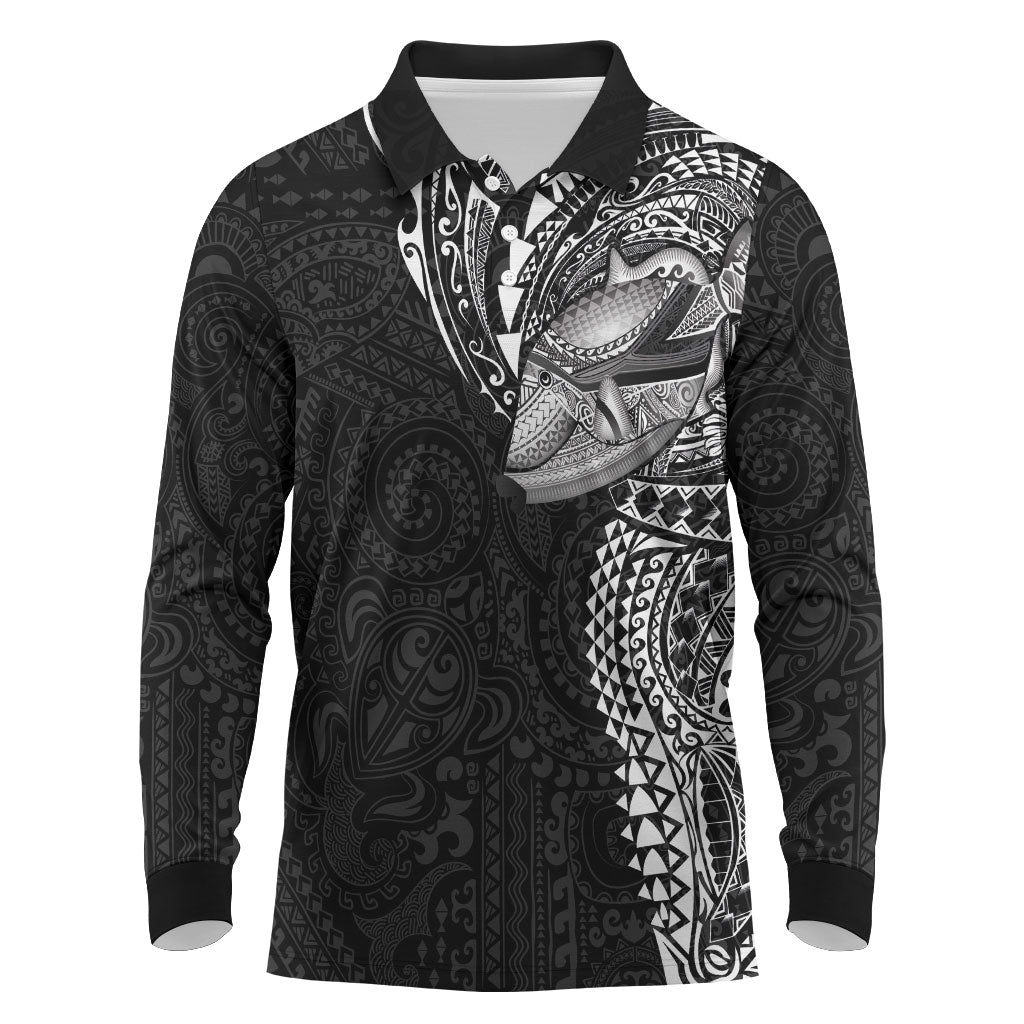 Hawaiian Humuhumu Tribal Tattoo Long Sleeve Polo Shirt Polynesian Kakau Black Color LT03 Black - Polynesian Pride