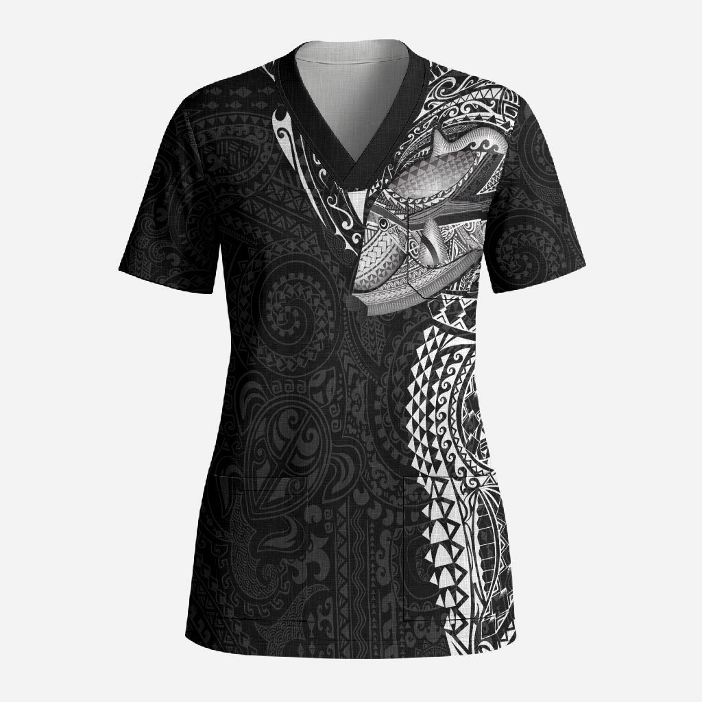Hawaiian Humuhumu Tribal Tattoo Scrub Top Polynesian Kakau Black Color