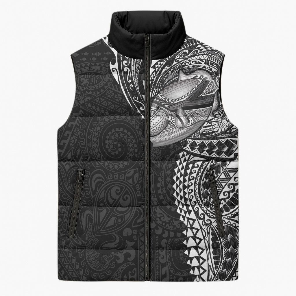 Hawaiian Humuhumu Tribal Tattoo Sleeveless Puffer Jacket Polynesian Kakau Black Color LT03 Unisex Black - Polynesian Pride