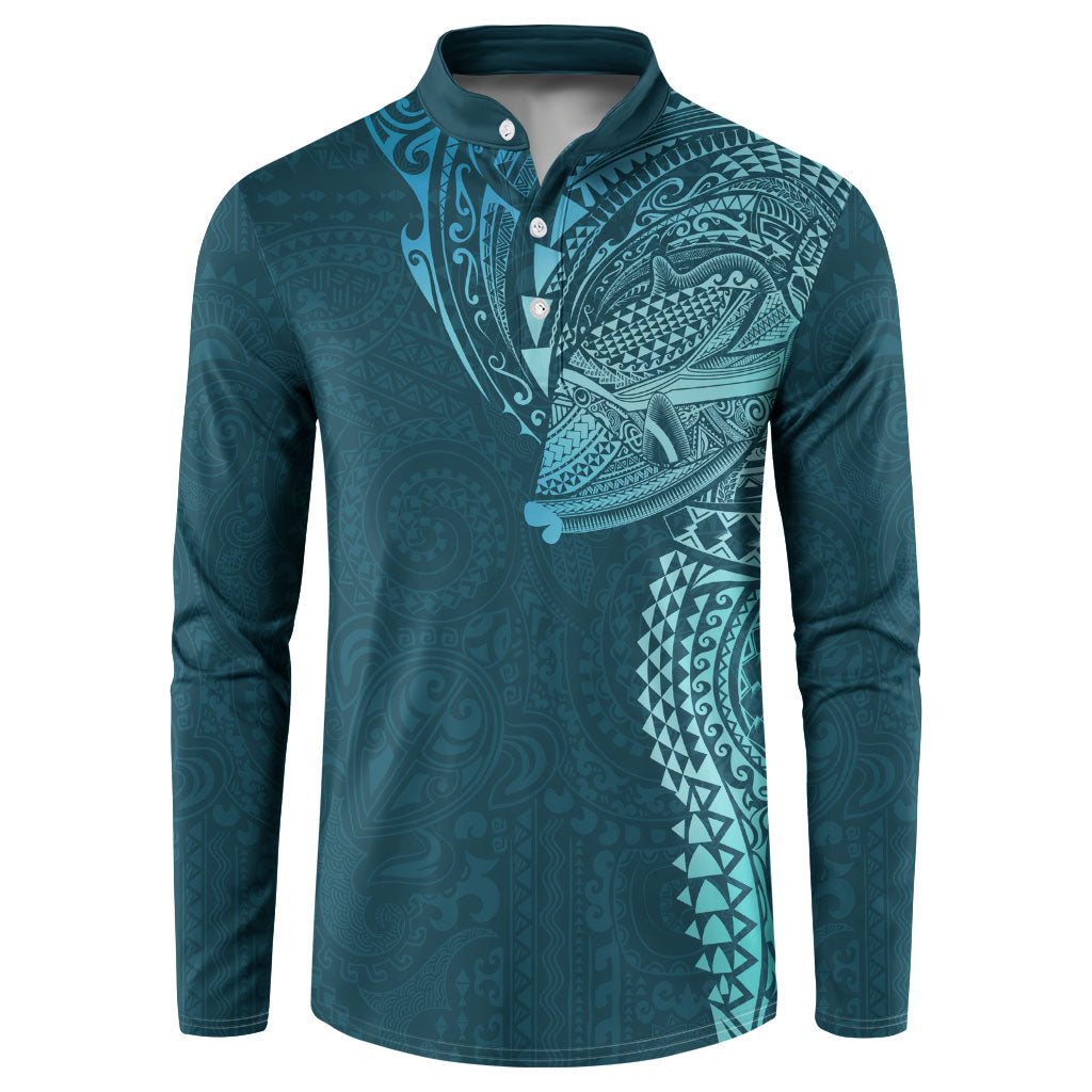 Hawaiian Humuhumu Tribal Tattoo Button Sweatshirt Polynesian Kakau Ocean Color