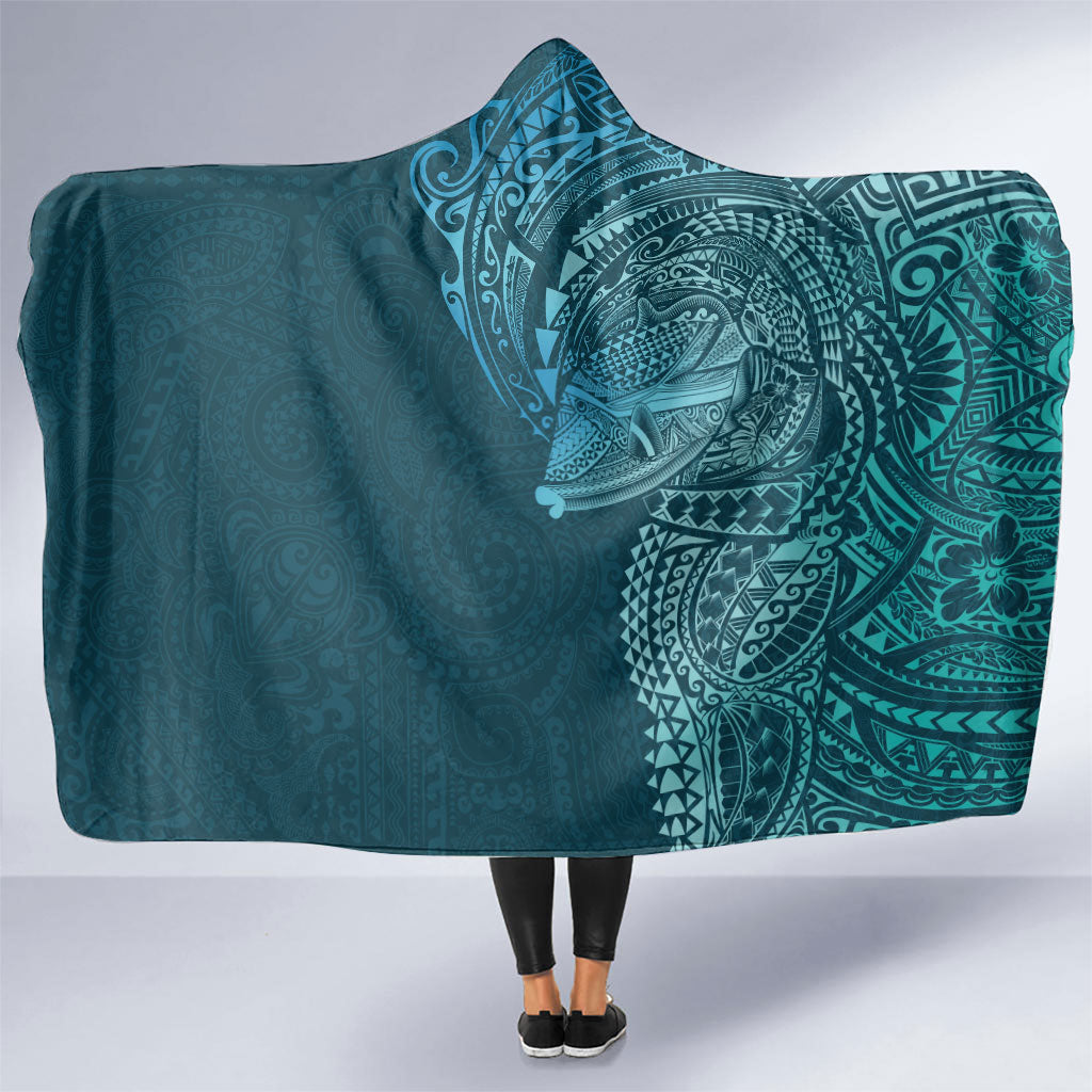 Hawaiian Humuhumu Tribal Tattoo Hooded Blanket Polynesian Kakau Ocean Color LT03 One Size Blue - Polynesian Pride