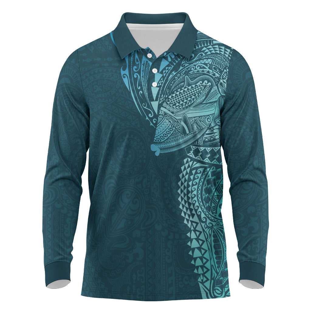 Hawaiian Humuhumu Tribal Tattoo Long Sleeve Polo Shirt Polynesian Kakau Ocean Color LT03 Blue - Polynesian Pride
