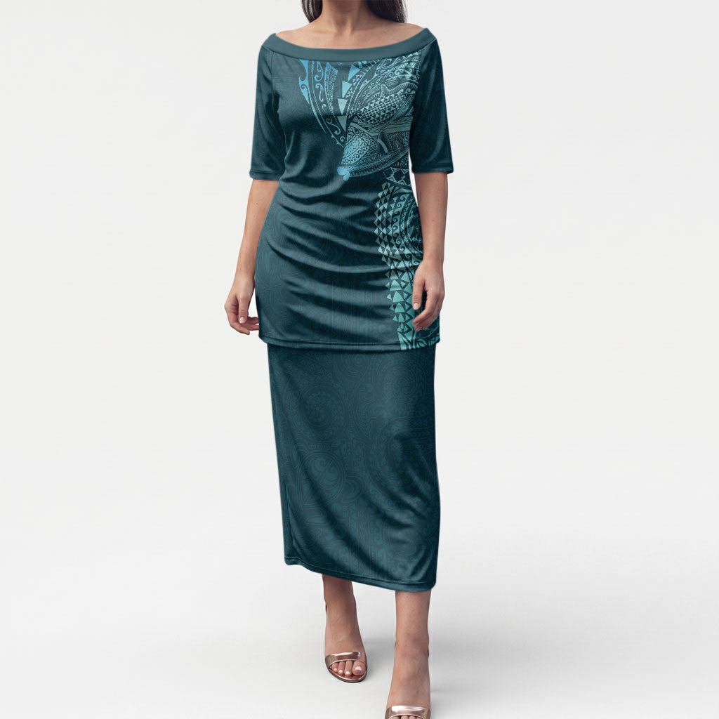 Hawaiian Humuhumu Tribal Tattoo Puletasi Polynesian Kakau Ocean Color LT03 Long Dress Blue - Polynesian Pride