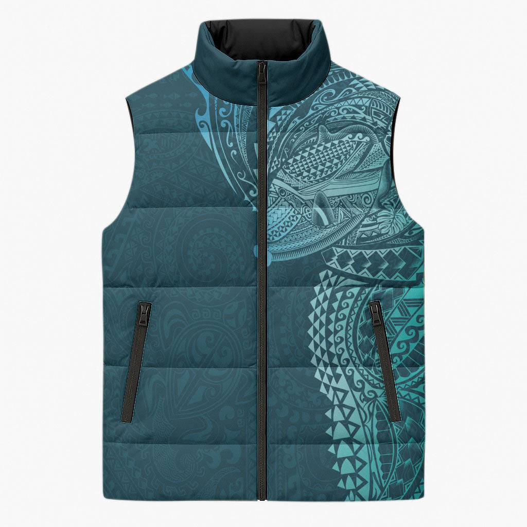Hawaiian Humuhumu Tribal Tattoo Sleeveless Puffer Jacket Polynesian Kakau Ocean Color LT03 Unisex Blue - Polynesian Pride