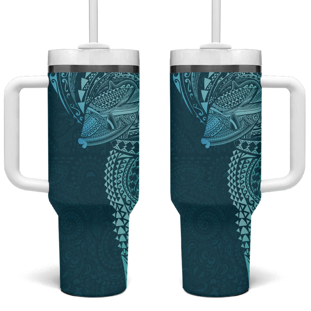 Hawaiian Humuhumu Tribal Tattoo Tumbler With Handle Polynesian Kakau Ocean Color