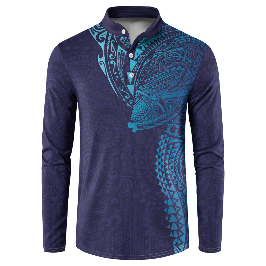 Hawaiian Humuhumu Tribal Tattoo Button Sweatshirt Polynesian Kakau Turquoise Color