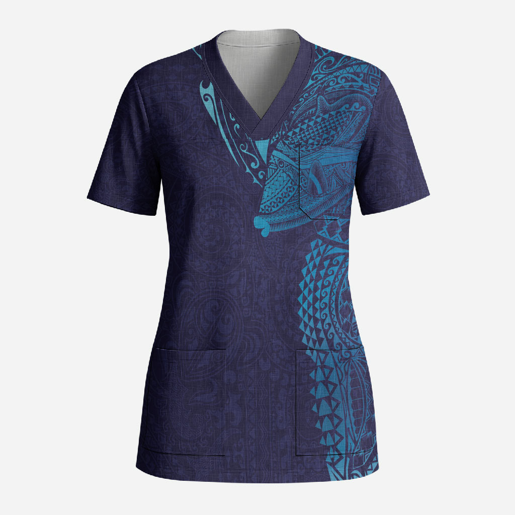 Hawaiian Humuhumu Tribal Tattoo Scrub Top Polynesian Kakau Turquoise Color LT03 Adult Turquoise - Polynesian Pride