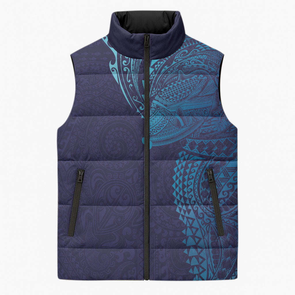 Hawaiian Humuhumu Tribal Tattoo Sleeveless Puffer Jacket Polynesian Kakau Turquoise Color LT03 Unisex Turquoise - Polynesian Pride