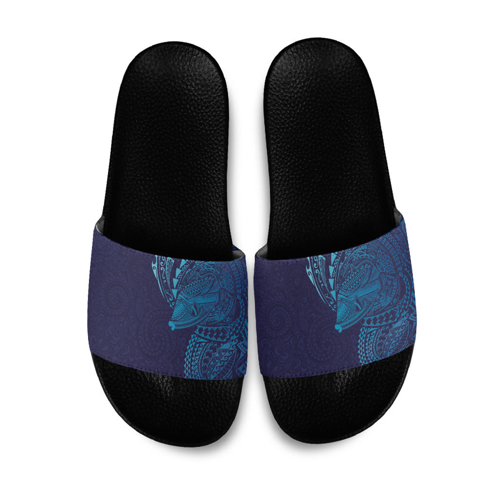 Hawaiian Humuhumu Tribal Tattoo Slide Sandals Polynesian Kakau Turquoise Color