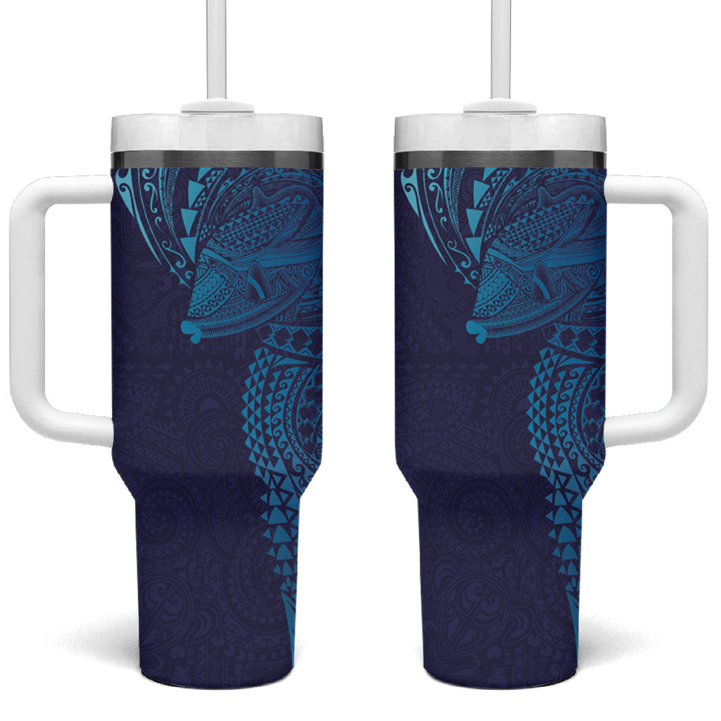 Hawaiian Humuhumu Tribal Tattoo Tumbler With Handle Polynesian Kakau Turquoise Color