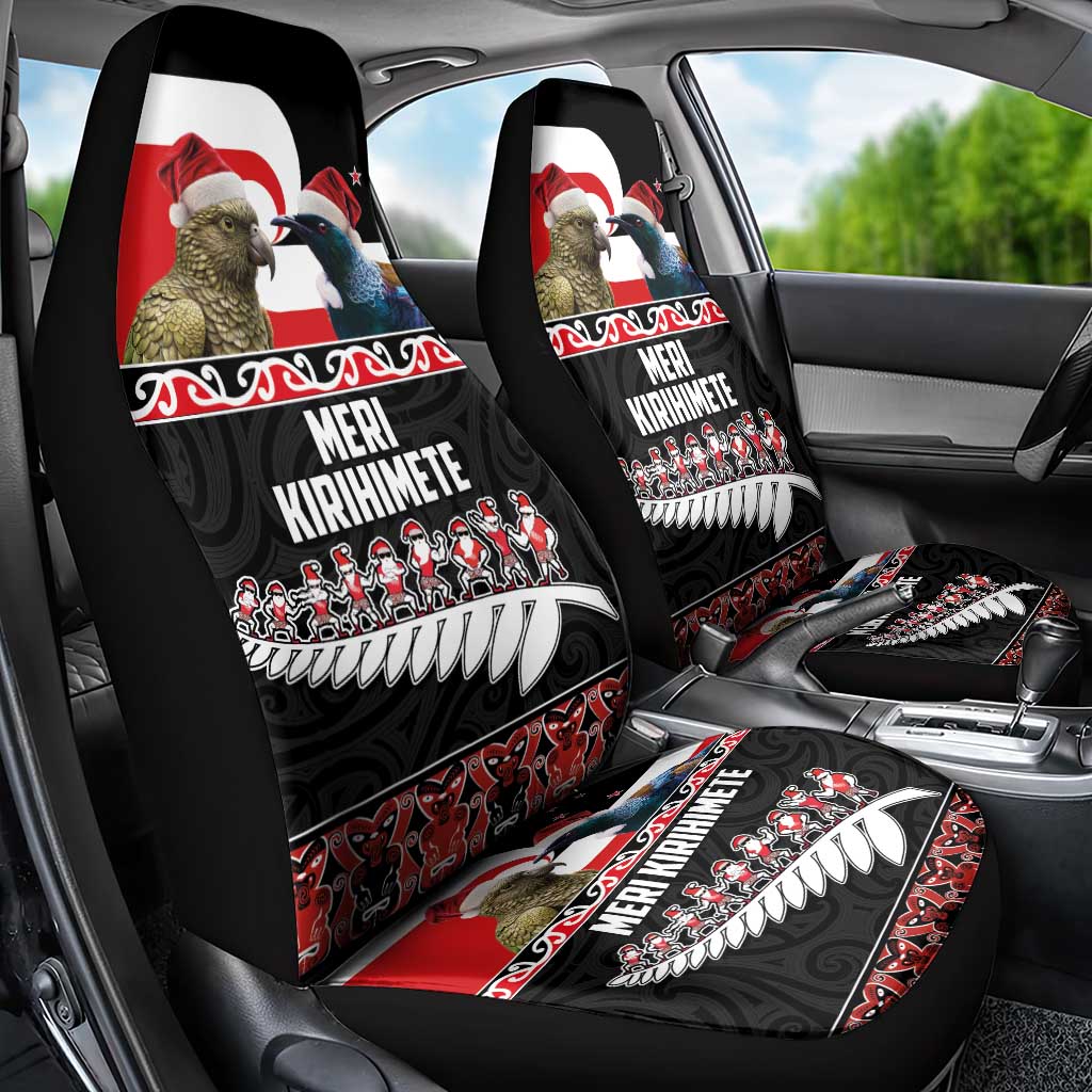 New Zealand Meri Kirihimete Car Seat Cover Christmas Tui Bird and Kea Bird - Haka Santa with Maori Koru Art Pattern