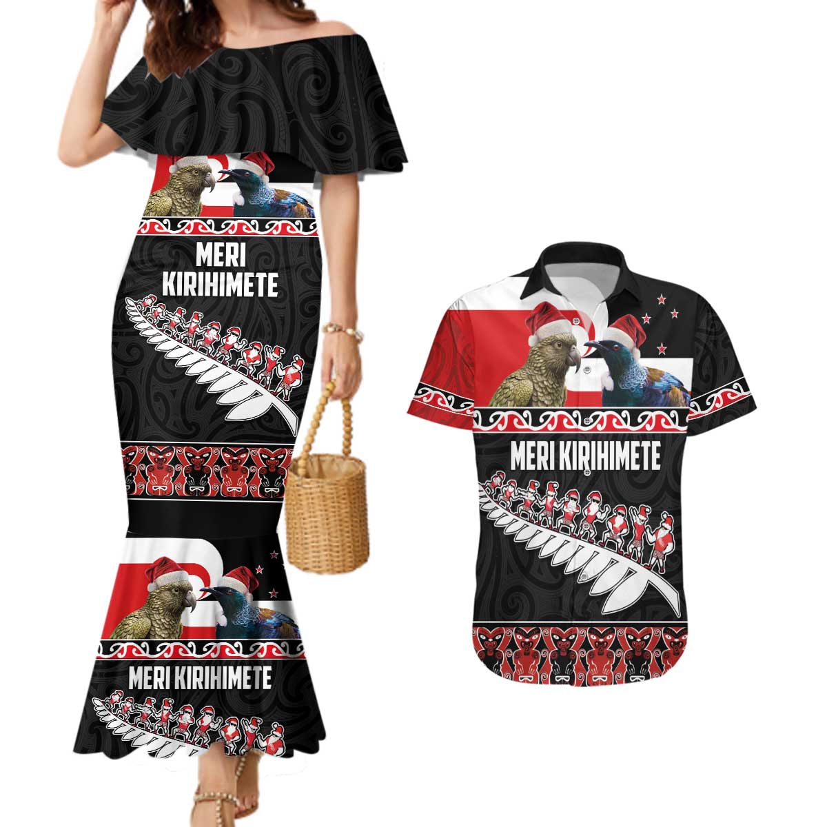 New Zealand Meri Kirihimete Couples Matching Mermaid Dress and Hawaiian Shirt Christmas Tui Bird and Kea Bird - Haka Santa with Maori Koru Art Pattern