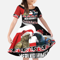 New Zealand Meri Kirihimete Family Matching Long Sleeve Bodycon Dress and Hawaiian Shirt Christmas Tui Bird and Kea Bird - Haka Santa with Maori Koru Art Pattern LT03 Daughter's Dress Black - Polynesian Pride
