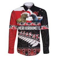 New Zealand Meri Kirihimete Family Matching Long Sleeve Bodycon Dress and Hawaiian Shirt Christmas Tui Bird and Kea Bird - Haka Santa with Maori Koru Art Pattern LT03 Dad's Shirt - Long Sleeve Black - Polynesian Pride