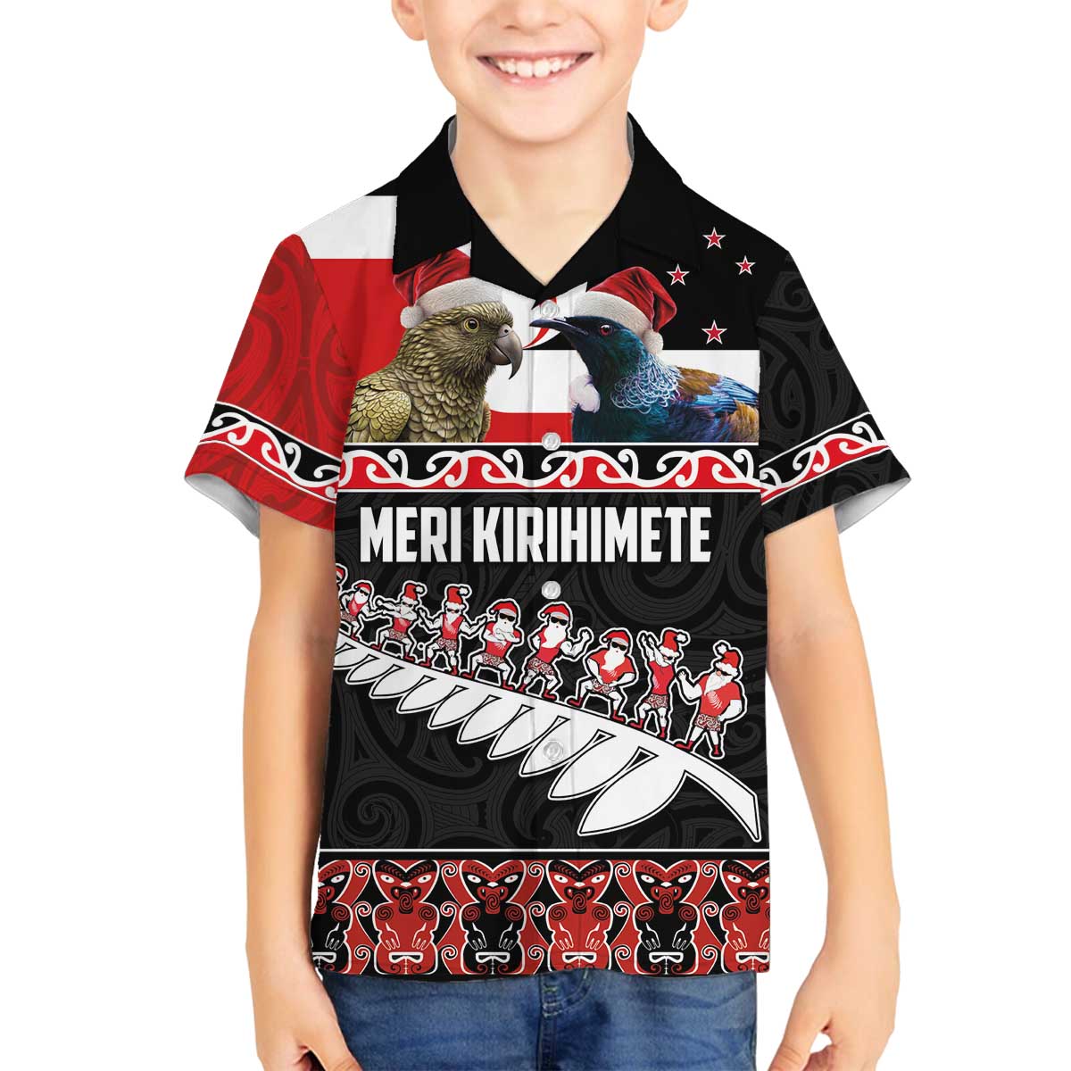 New Zealand Meri Kirihimete Family Matching Off The Shoulder Long Sleeve Dress and Hawaiian Shirt Christmas Tui Bird and Kea Bird - Haka Santa with Maori Koru Art Pattern