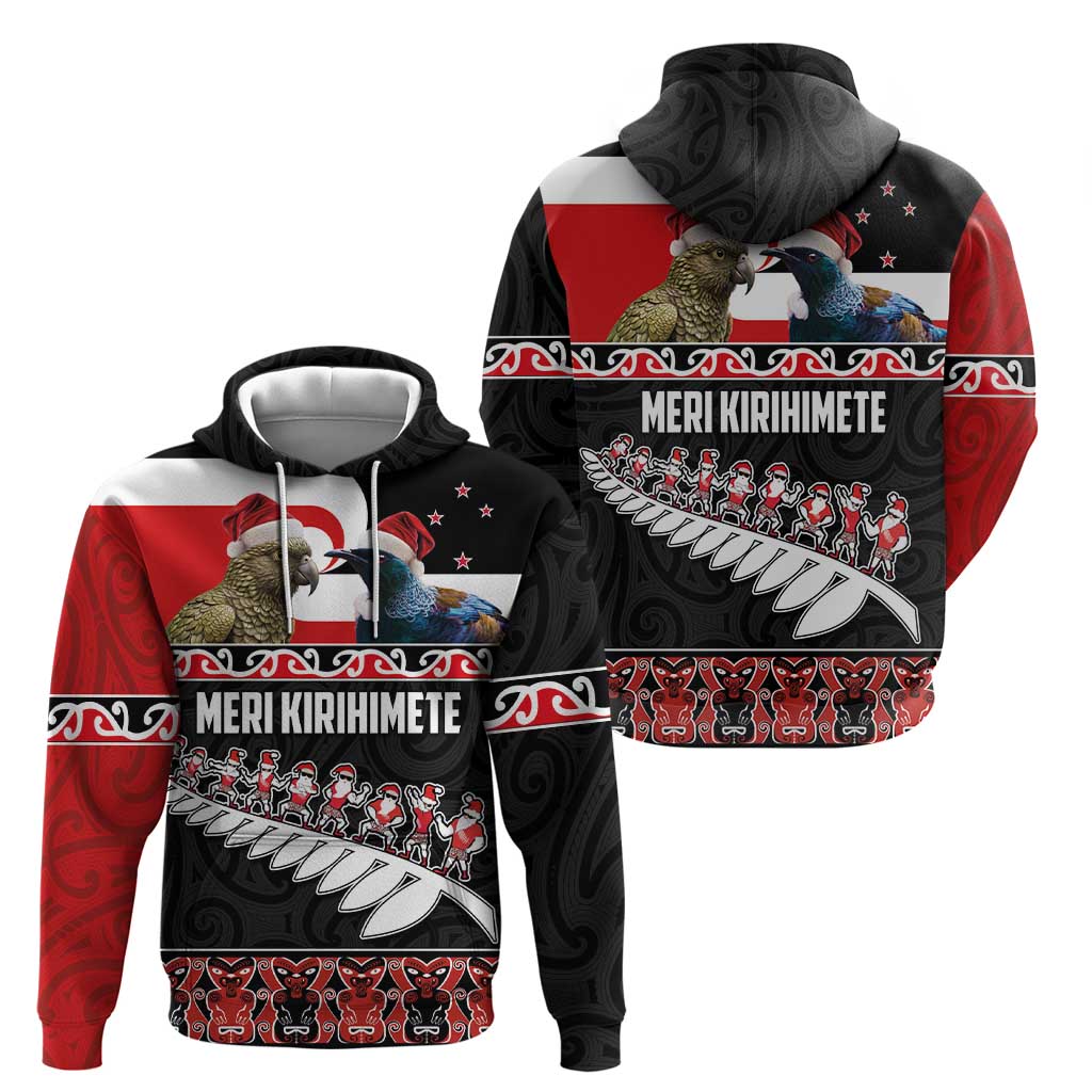 New Zealand Meri Kirihimete Hoodie Christmas Tui Bird and Kea Bird - Haka Santa with Maori Koru Art Pattern