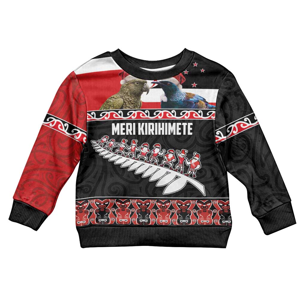 New Zealand Meri Kirihimete Kid Ugly Christmas Sweater Christmas Tui Bird and Kea Bird - Haka Santa with Maori Koru Art Pattern LT03 Kid Black - Polynesian Pride