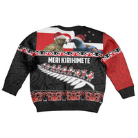 New Zealand Meri Kirihimete Kid Ugly Christmas Sweater Christmas Tui Bird and Kea Bird - Haka Santa with Maori Koru Art Pattern LT03 - Polynesian Pride