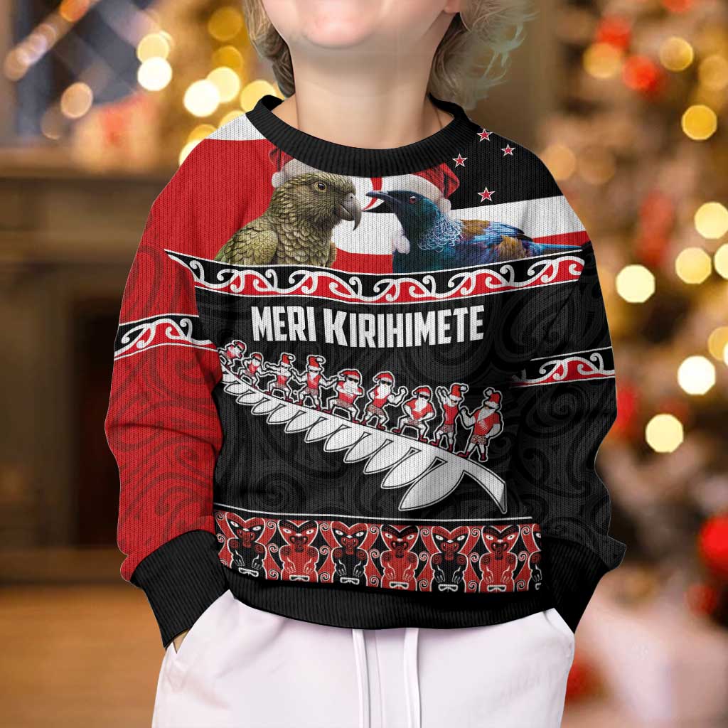 New Zealand Meri Kirihimete Kid Ugly Christmas Sweater Christmas Tui Bird and Kea Bird - Haka Santa with Maori Koru Art Pattern LT03 - Polynesian Pride