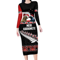 New Zealand Meri Kirihimete Long Sleeve Bodycon Dress Christmas Tui Bird and Kea Bird - Haka Santa with Maori Koru Art Pattern LT03 Long Dress Black - Polynesian Pride