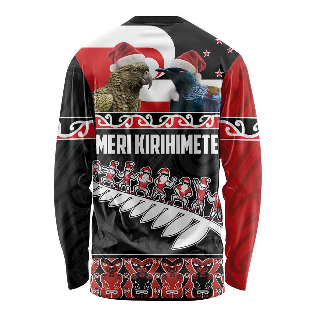 New Zealand Meri Kirihimete Long Sleeve Shirt Christmas Tui Bird and Kea Bird - Haka Santa with Maori Koru Art Pattern