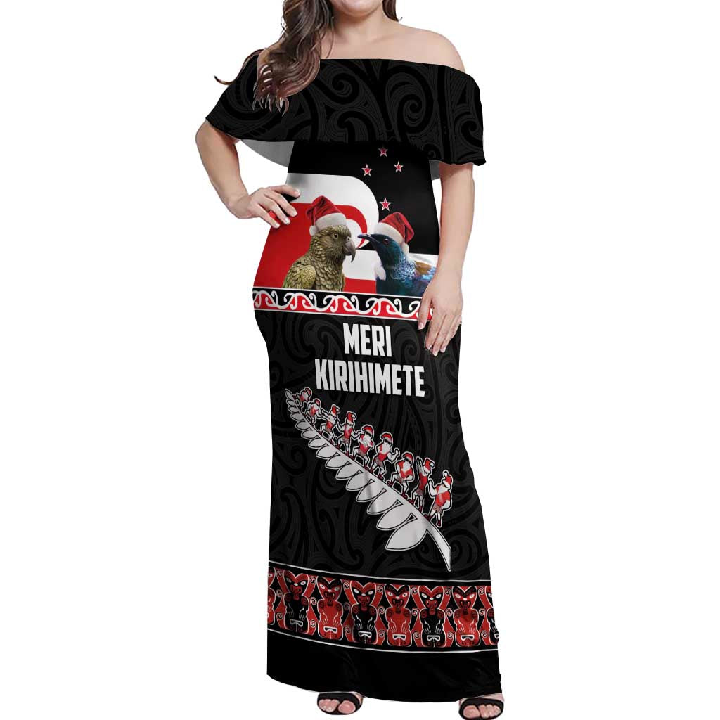 New Zealand Meri Kirihimete Off Shoulder Maxi Dress Christmas Tui Bird and Kea Bird - Haka Santa with Maori Koru Art Pattern LT03 Women Black - Polynesian Pride