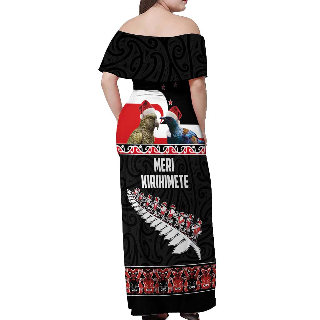 New Zealand Meri Kirihimete Off Shoulder Maxi Dress Christmas Tui Bird and Kea Bird - Haka Santa with Maori Koru Art Pattern LT03 - Polynesian Pride