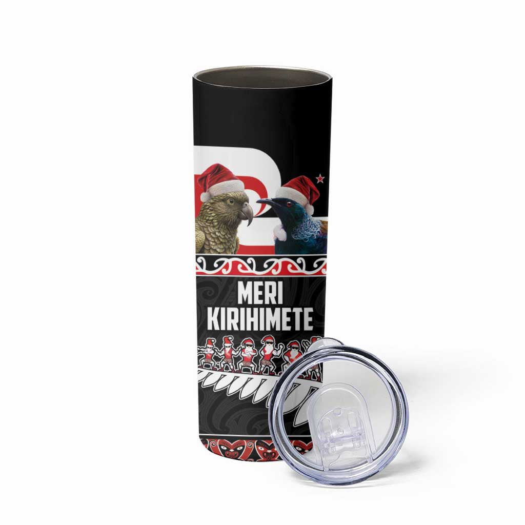 New Zealand Meri Kirihimete Skinny Tumbler Christmas Tui Bird and Kea Bird - Haka Santa with Maori Koru Art Pattern LT03 - Polynesian Pride
