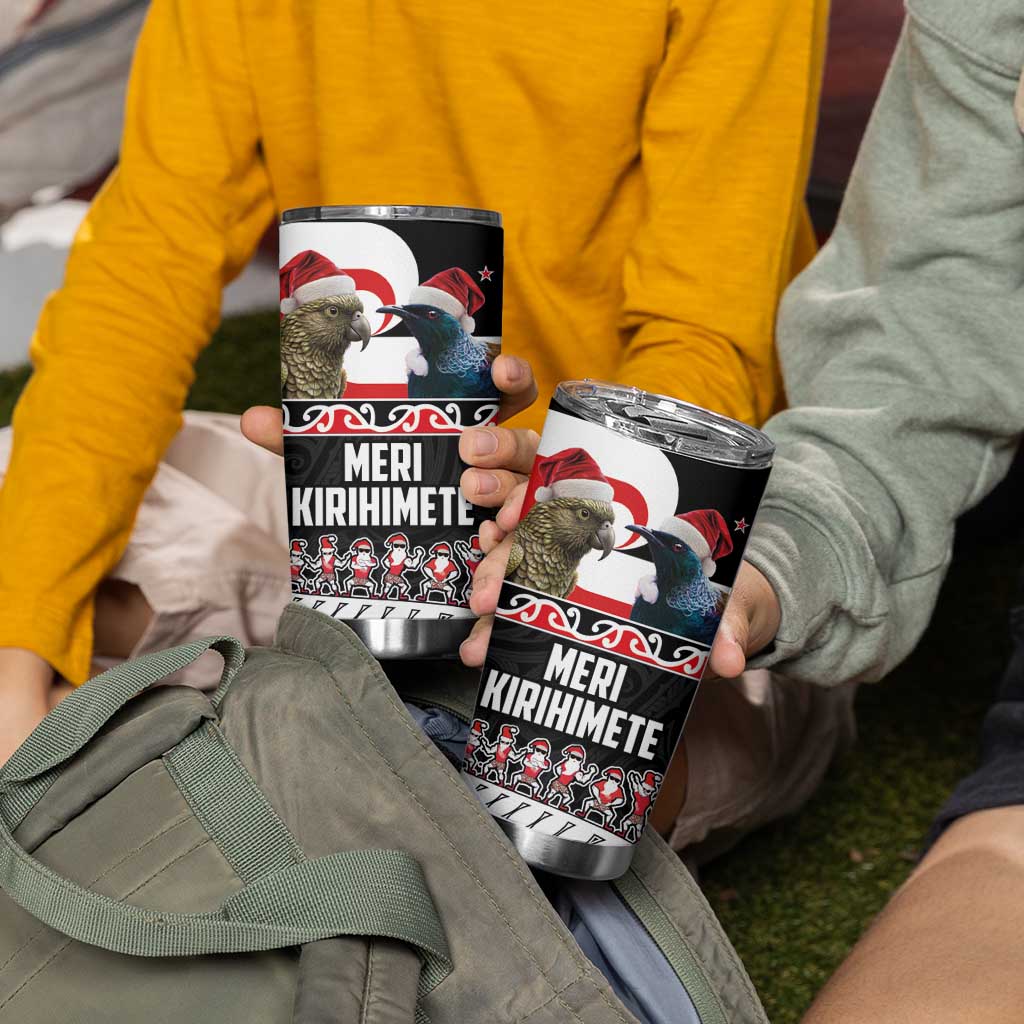 New Zealand Meri Kirihimete Tumbler Cup Christmas Tui Bird and Kea Bird - Haka Santa with Maori Koru Art Pattern