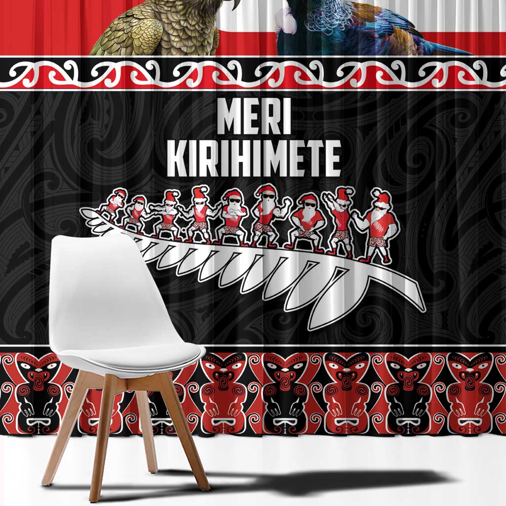 New Zealand Meri Kirihimete Window Curtain Christmas Tui Bird and Kea Bird - Haka Santa with Maori Koru Art Pattern LT03 - Polynesian Pride