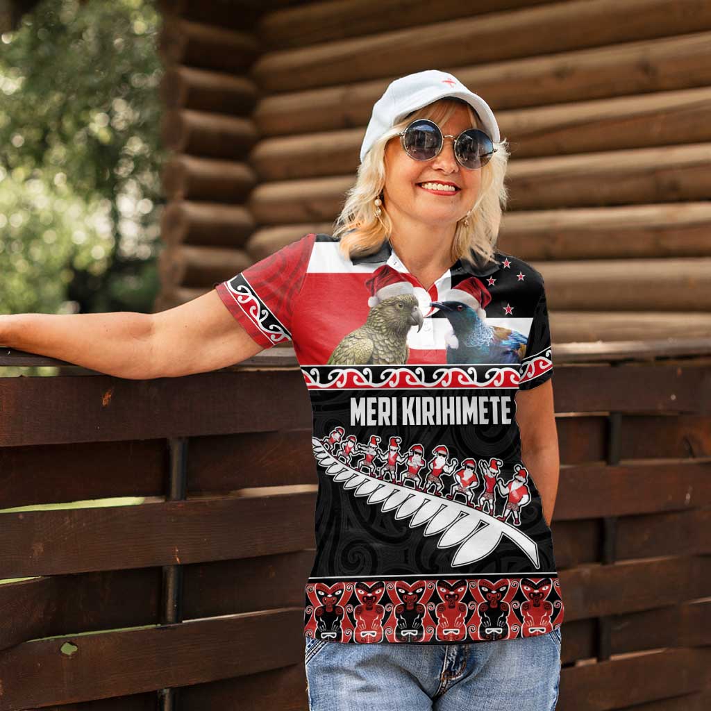 New Zealand Meri Kirihimete Women Polo Shirt Christmas Tui Bird and Kea Bird - Haka Santa with Maori Koru Art Pattern