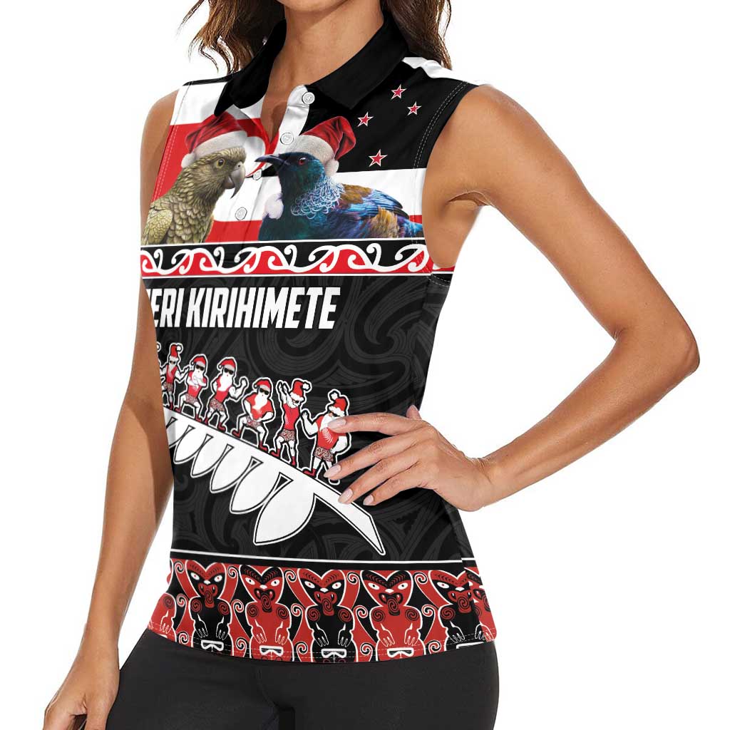 New Zealand Meri Kirihimete Women Sleeveless Polo Shirt Christmas Tui Bird and Kea Bird - Haka Santa with Maori Koru Art Pattern