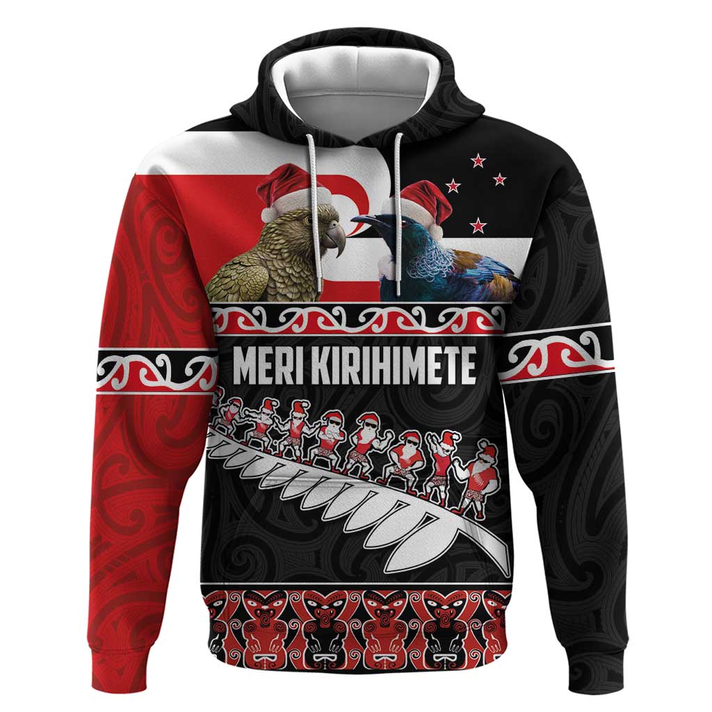 New Zealand Meri Kirihimete Zip Hoodie Christmas Tui Bird and Kea Bird - Haka Santa with Maori Koru Art Pattern LT03 Pullover Hoodie Black - Polynesian Pride