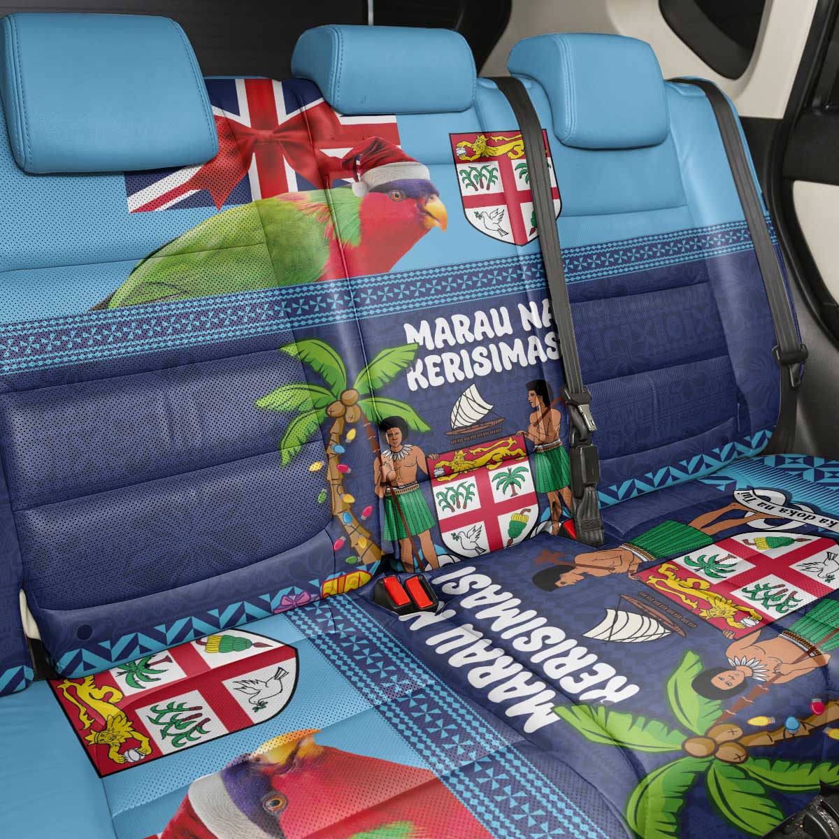 Fiji Marau na Kerisimasi Back Car Seat Cover Christmas Collared Lory - Fiji Emblems and Xmas Palm Tree Tapa Art Pattern