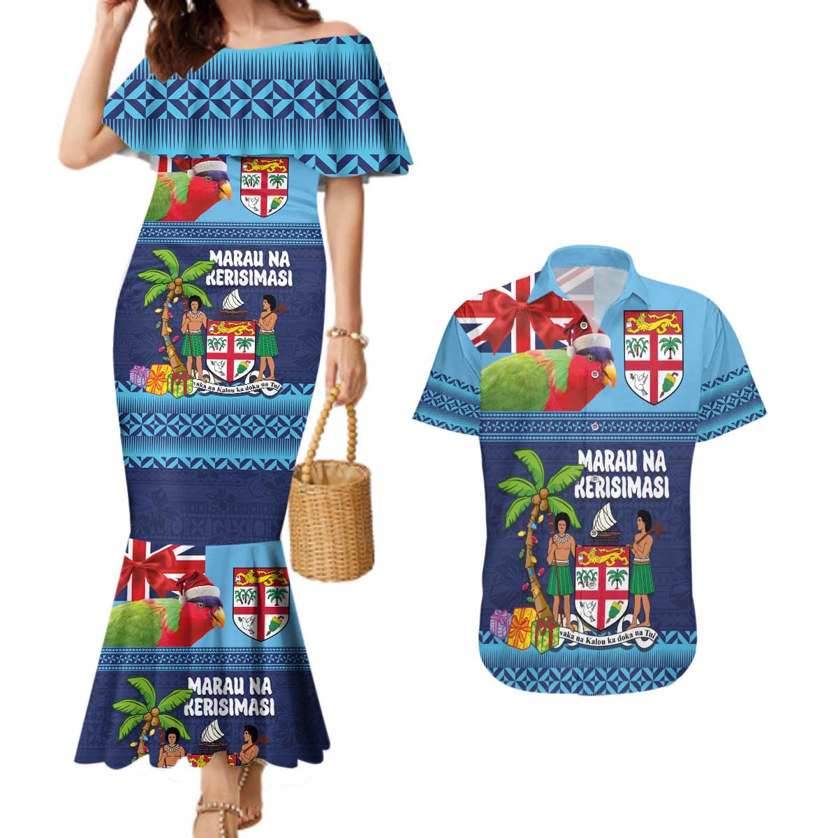 Fiji Marau na Kerisimasi Couples Matching Mermaid Dress and Hawaiian Shirt Christmas Collared Lory - Fiji Emblems and Xmas Palm Tree Tapa Art Pattern