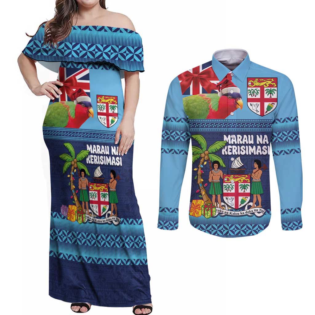 Fiji Marau na Kerisimasi Couples Matching Off Shoulder Maxi Dress and Long Sleeve Button Shirt Christmas Collared Lory - Fiji Emblems and Xmas Palm Tree Tapa Art Pattern