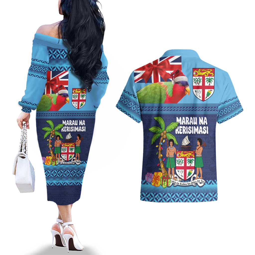 Fiji Marau na Kerisimasi Couples Matching Off The Shoulder Long Sleeve Dress and Hawaiian Shirt Christmas Collared Lory - Fiji Emblems and Xmas Palm Tree Tapa Art Pattern