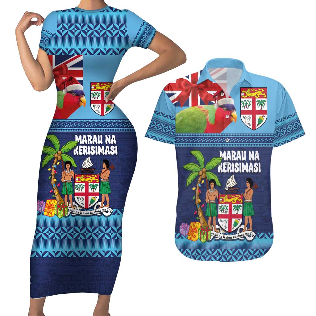 Fiji Marau na Kerisimasi Couples Matching Short Sleeve Bodycon Dress and Hawaiian Shirt Christmas Collared Lory - Fiji Emblems and Xmas Palm Tree Tapa Art Pattern